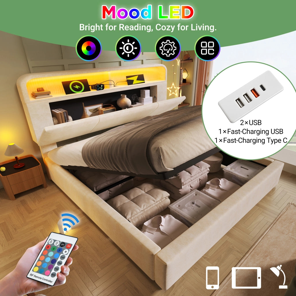 OKWISH Letto Contenitore 160×200 cm, Letto Matrimoniale con Contenitore, USB, Tipo C, LED Regolabile e Testiera Regolabile, senza Materasso, Velluto, Beige