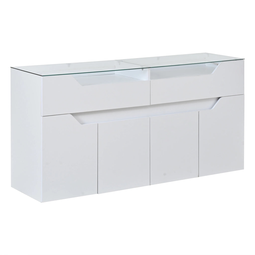 Madia con 2 cassetti e piano in vetro temperato con LED per soggiorno e ingresso; in MDF; bianco; 140×40×70 cm