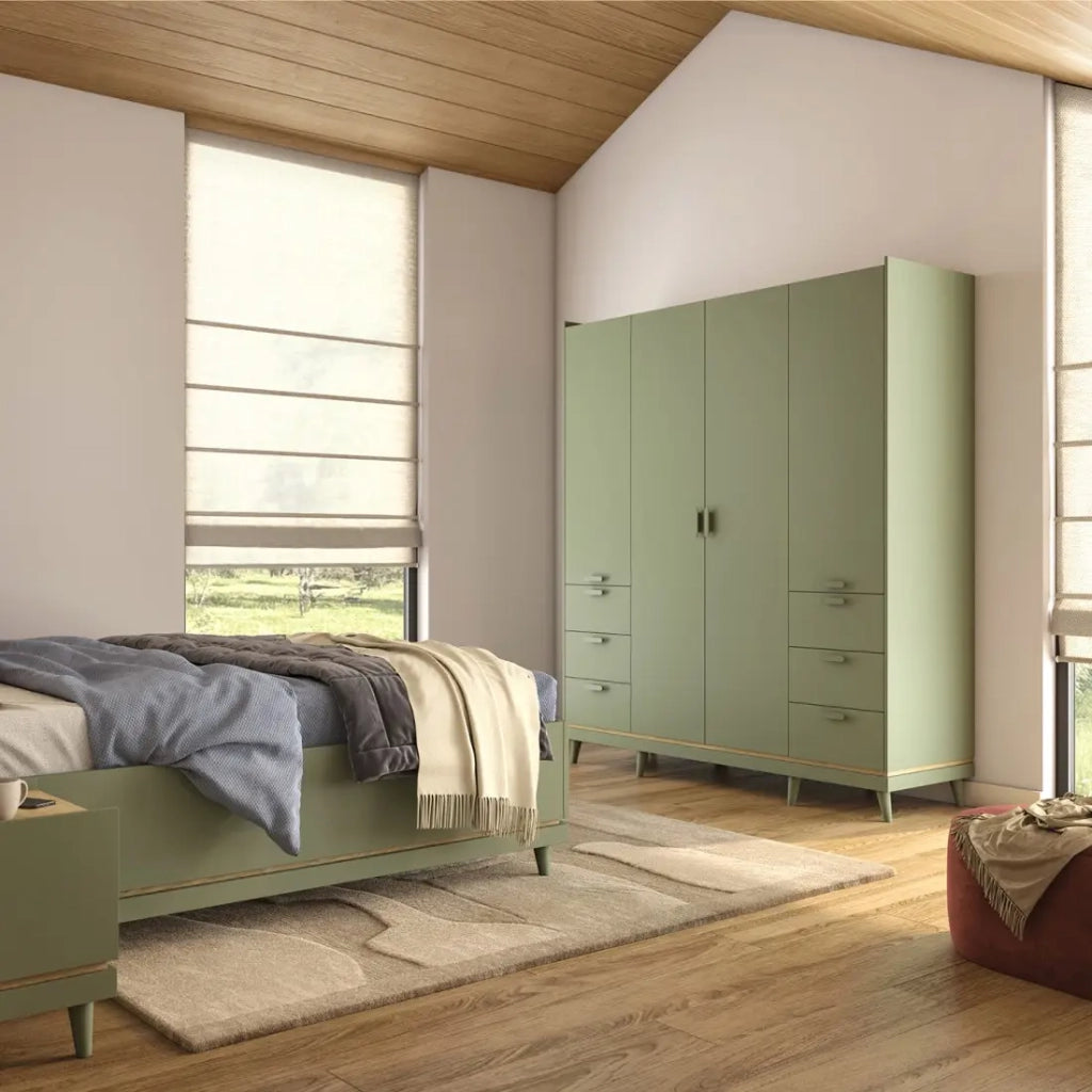 Armadio NOKI – 4 porte verde e legno – Stile scandinavo