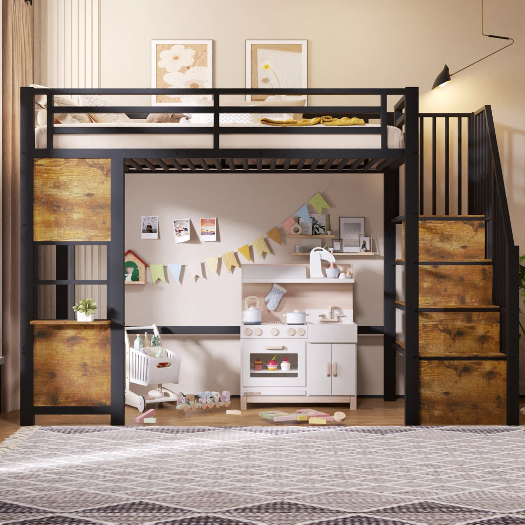 LETTO a soppalco 90x200 cm in metallo e MDF nero con scala contenitore