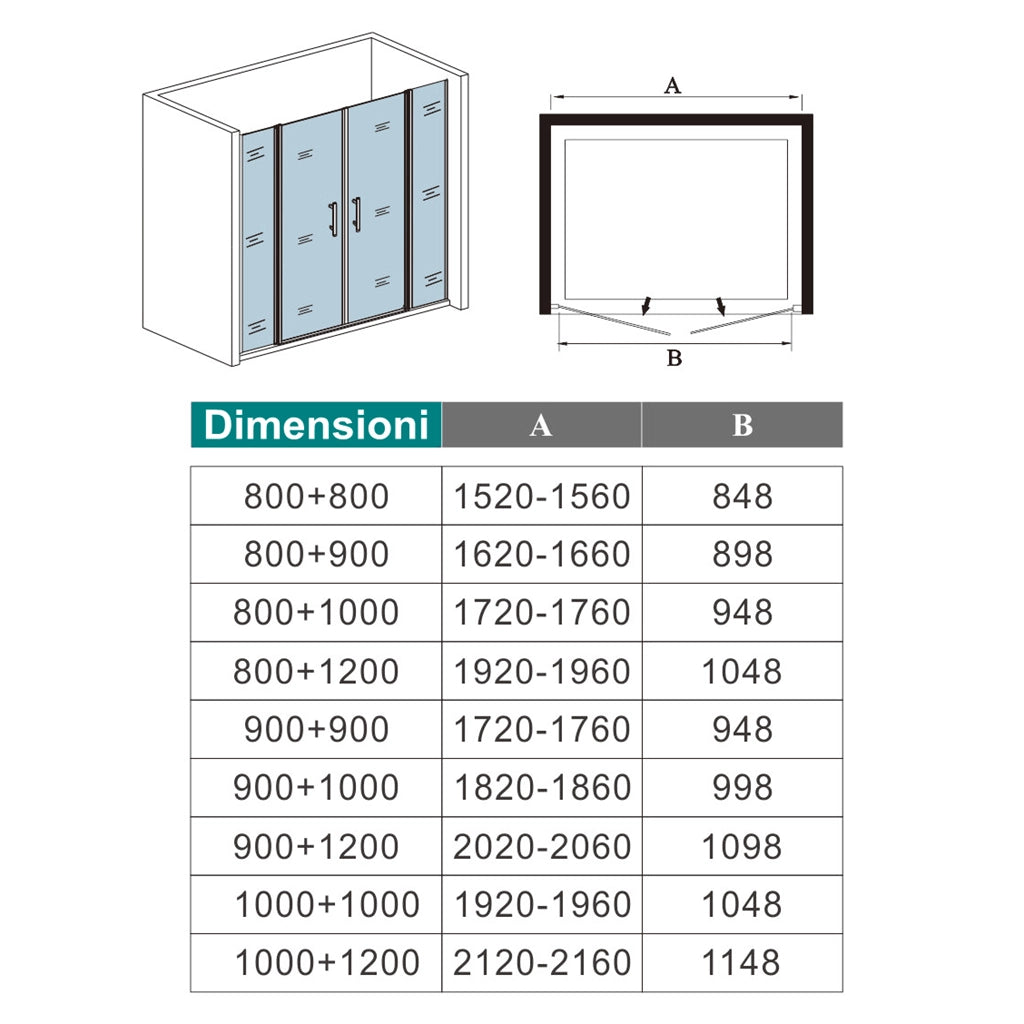 Box Doccia per Nicchia H.195 cm Doppia Porta Battente Saloon da 155 cm (80+80: 1520-1560 mm) 2 Pannelli Fissi con Barra Stabilizzatrice Vetro Temperato 6 mm Anticalcare