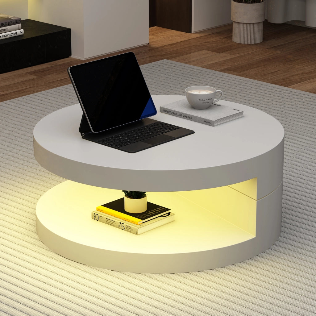 Tavolino da caffè rotondo 70x70x35,5 cm girevole a 360° con LED, struttura a doppio livello, MDF, bianco