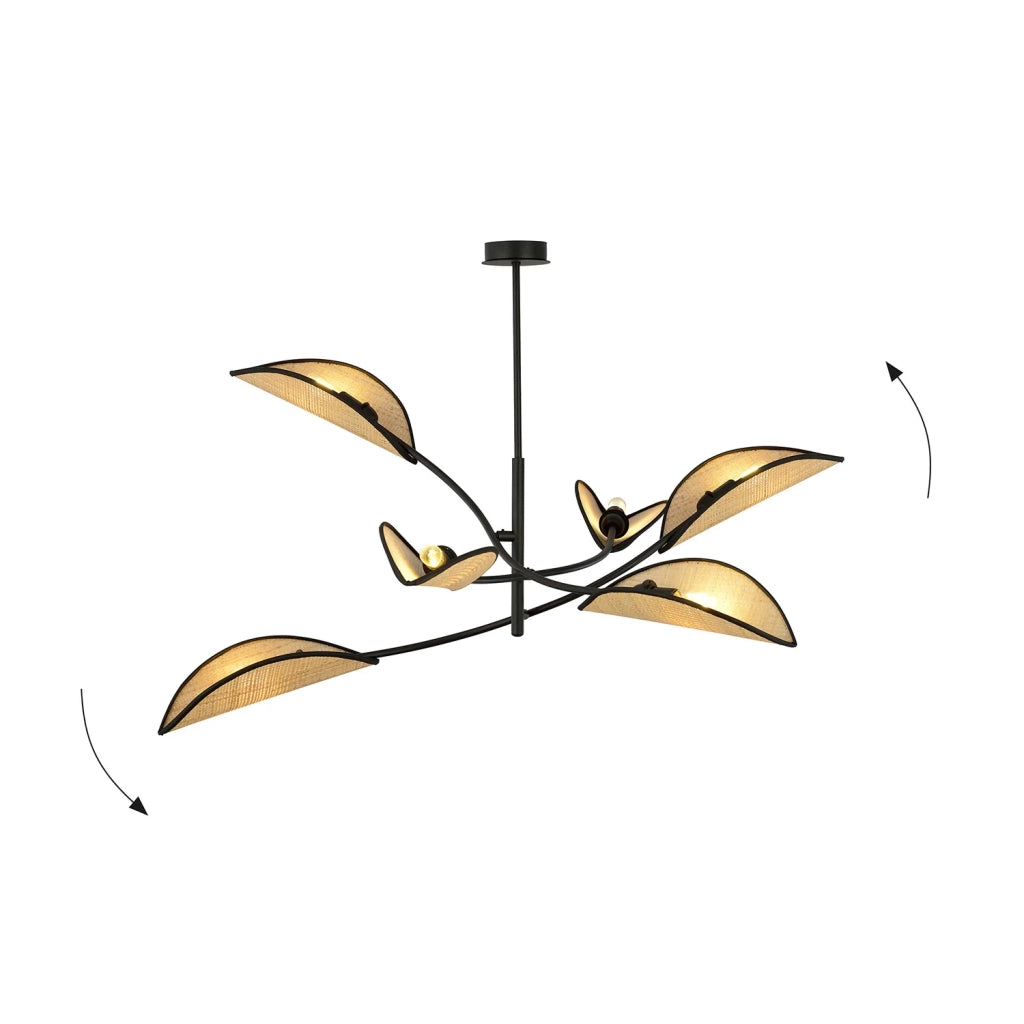 Sospensione Nordica 6 Luci Ares In Acciaio E Rattan Con Bracci Regolabili