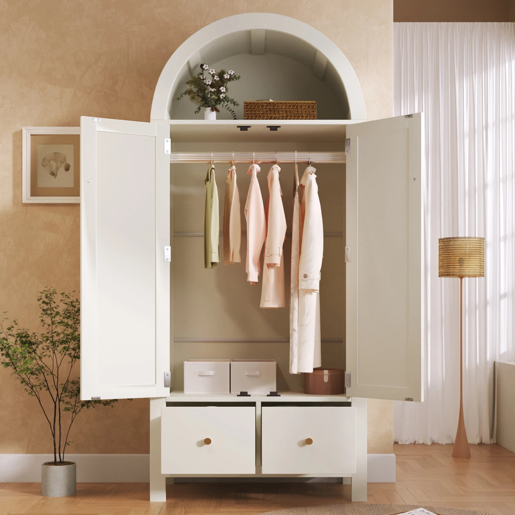 Armadio Guardaroba Bianco 78×45×181 cm con Ante in Rattan; Cassetti; Barra Appendabiti e Design Country Chic