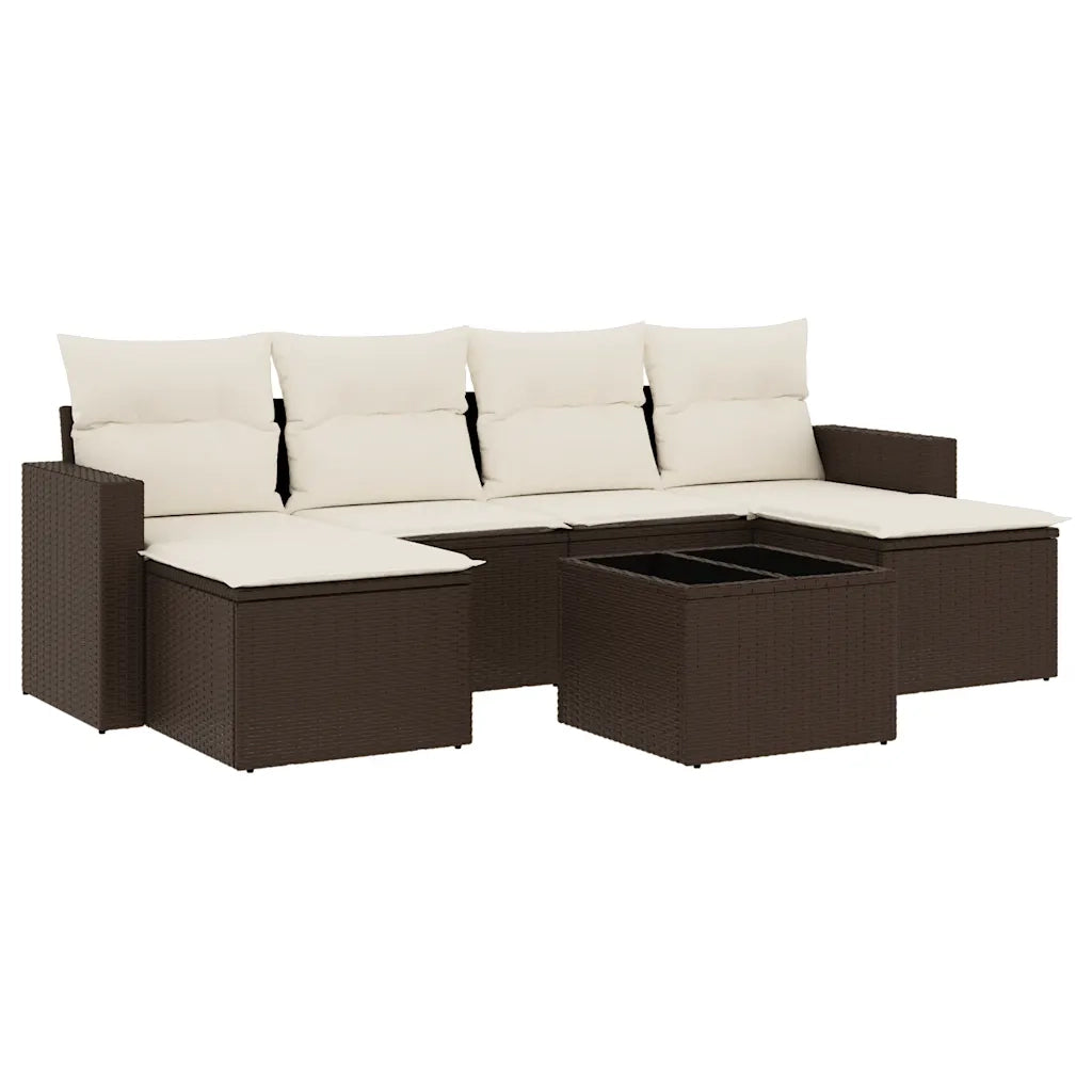 Set Divani da Giardino 7 pz con Cuscini Marrone in Polyrattan