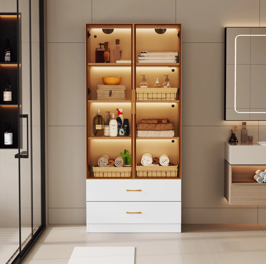 Armadio da bagno 75x34.5x170 cm con vani aperti e vetro temperato in MDF bianco