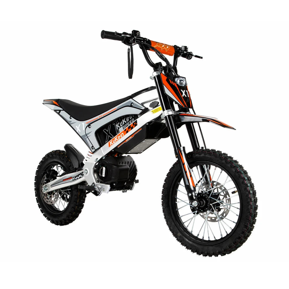 Moto elettrica fuoristrada X1 batteria 48V 20.8Ah estraibile autonomia 40 km pneumatici 14 e 12 pollici 25 km/h freni idraulici IP65 display LED sella