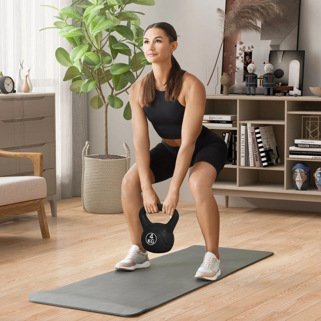 Kettlebell 4 kg ¨C Xylo ¨C Base Piatta, Impugnatura Larga, Riempimento Sabbia 18x12x20 cm Nero