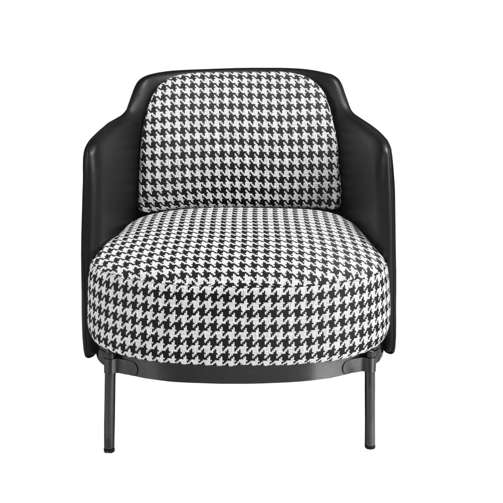 Poltrona in tessuto bianco e nero e similpelle nera