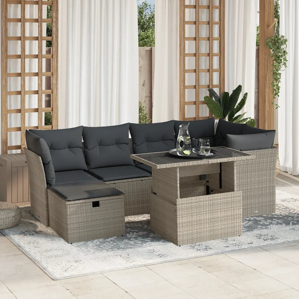 Set Divani da Giardino 7pz con Cuscini Grigio Chiaro Polyrattan