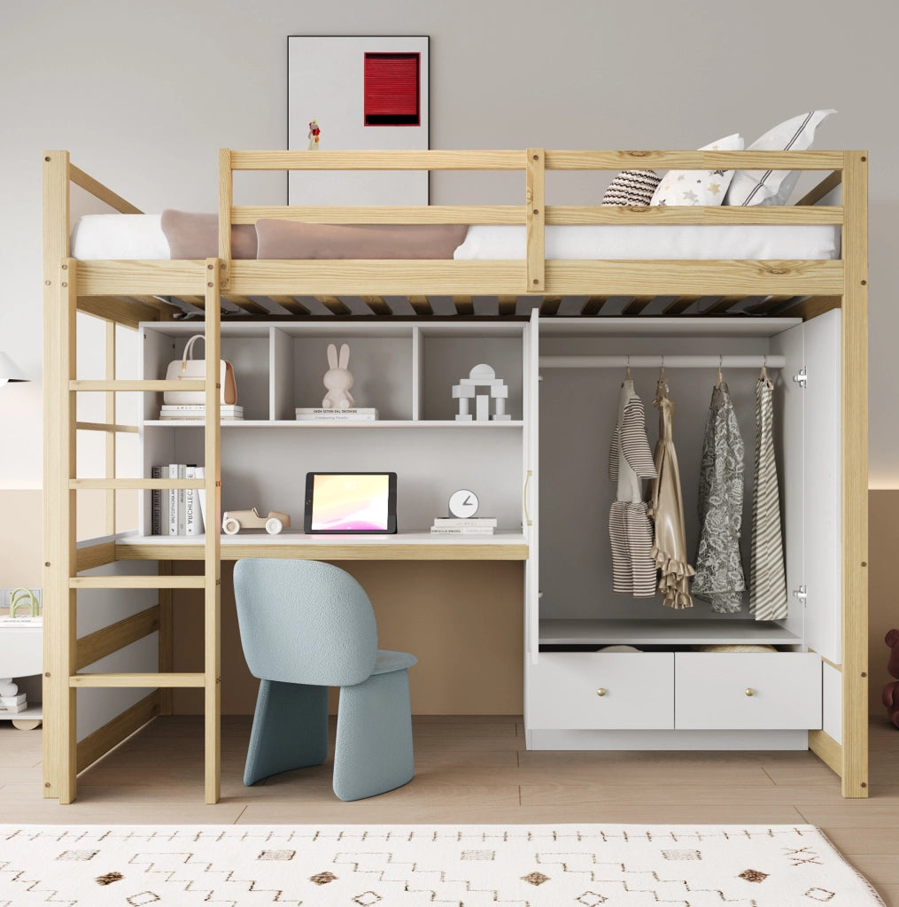 Letto a soppalco 90x200 cm con scrivania, armadio e cassetti