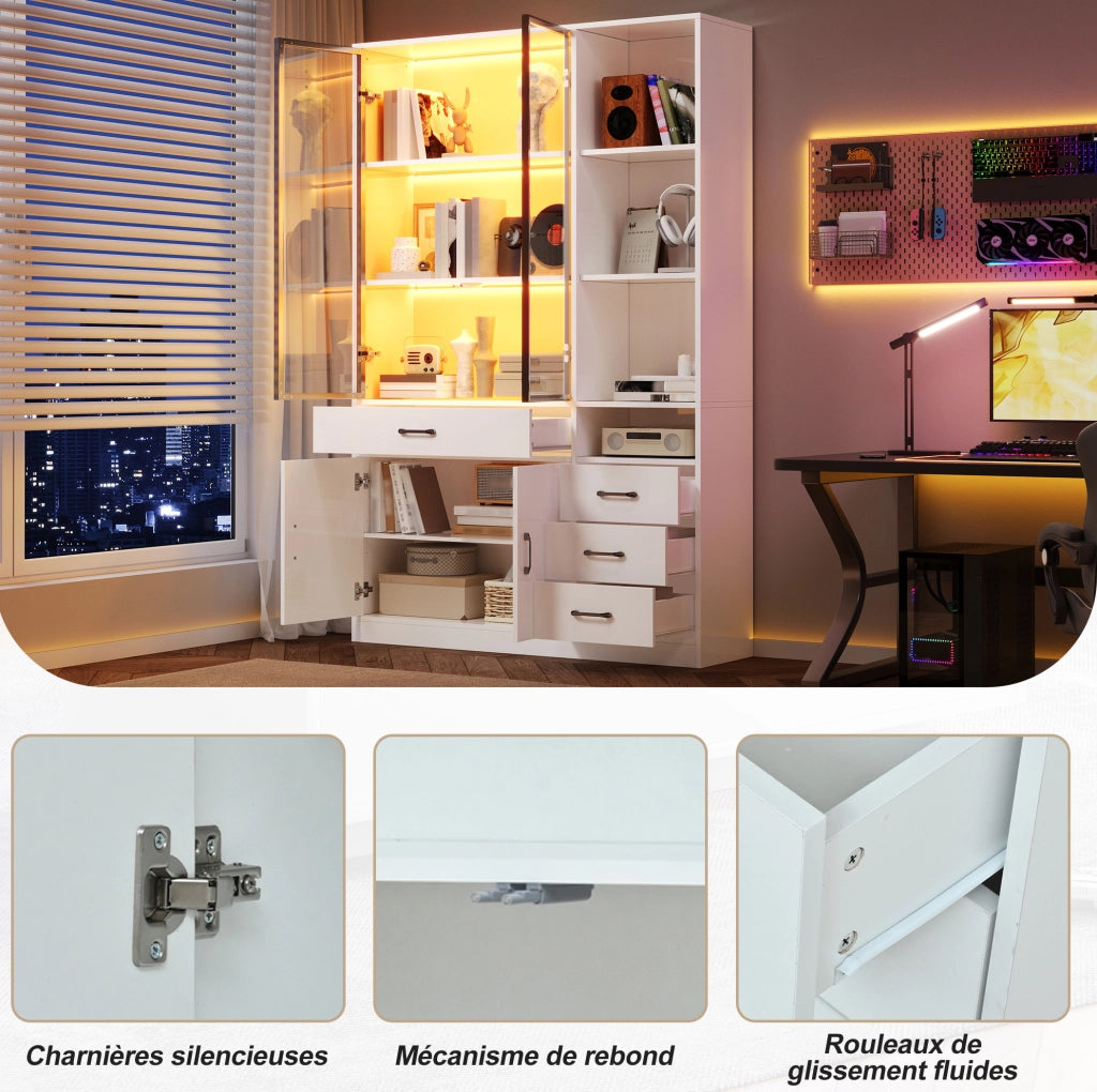 Vetrina alta con LED e 4 cassetti 120x35x200 cm; bianco; in truciolare con vetro temperato