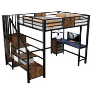 Letto a soppalco 140×200 cm 1 posto con scrivania; mensole; LED e presa europea; senza materasso; in metallo nero