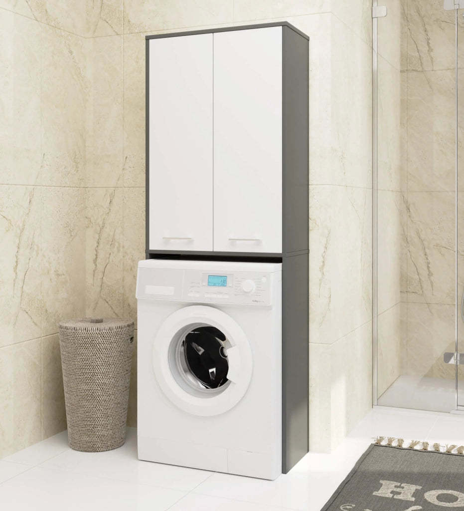 Colonna da bagno AKORD FIN per incasso di una lavatrice Grigia Grafite 64 cm 2 ante inserto frontale Bianco 64x30x180 cm