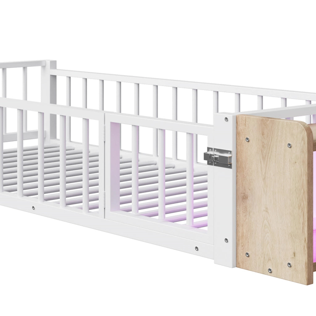 OKWISH Letto per Bambini 90 x 200 cm con Sponda, Vano Aperto e LED, senza Materasso, Metallo e MDF, Bianco