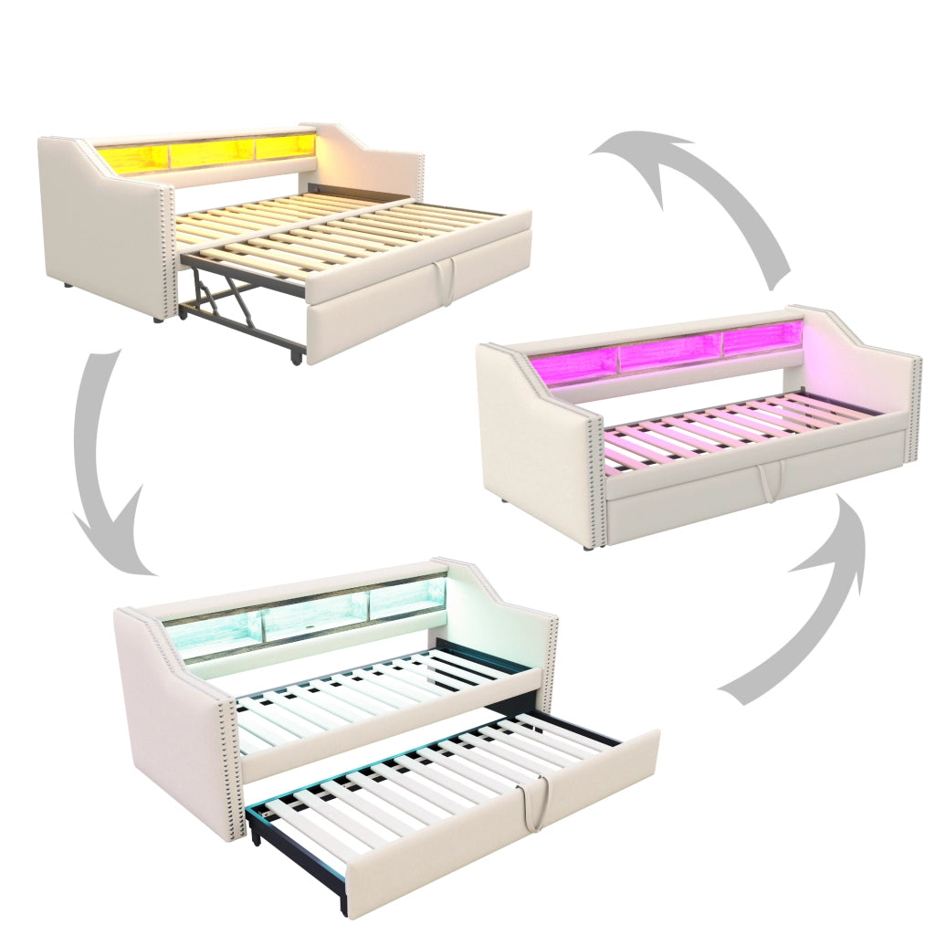 Letto estraibile matrimoniale 90×190 cm e 180×190 cm con LED; USB e ripiani; materasso incluso; beige