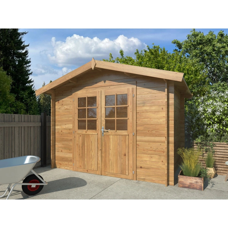 Casetta in legno da giardino 296x200 cm impregnato autoclave 28 mm, porta doppia con vetro e serratura, uso esterno - Esterni da Vivere
