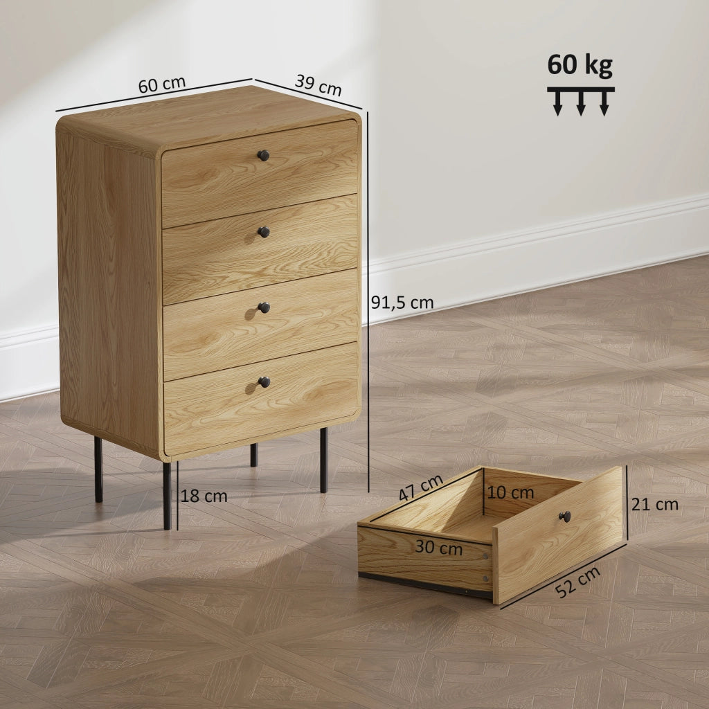 Cassettiera 4 cassetti ¨C Minimal ¨C 60x39x91.5 cm, effetto quercia, struttura in acciaio
