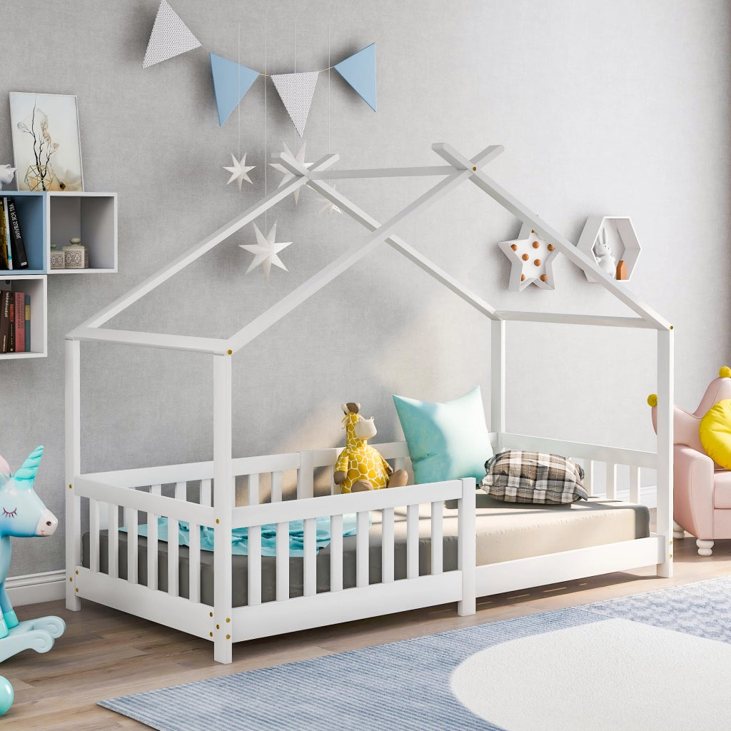 "Vendita vietata in Germania" Bellissimo letto a casetta, letto per bambini, in legno massello con sponda e rete a doghe, con protezione anticaduta pe