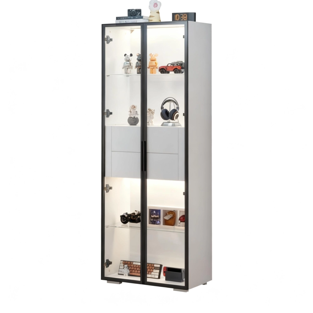 Vetrina 60x40x160 cm con LED e 2 cassetti in MDF e vetro