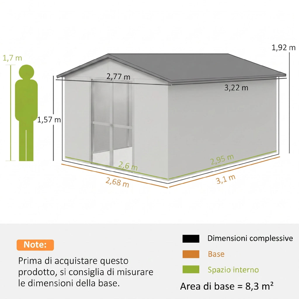 Casetta da Giardino ¨C Xylo ¨C Acciaio Grigio 322x277x192 cm con 2 Porte Scorrevoli
