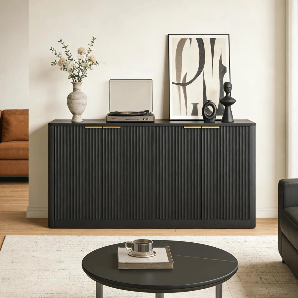Credenza moderna 150 cm con 4 ante; design ondulato; in MDF nero