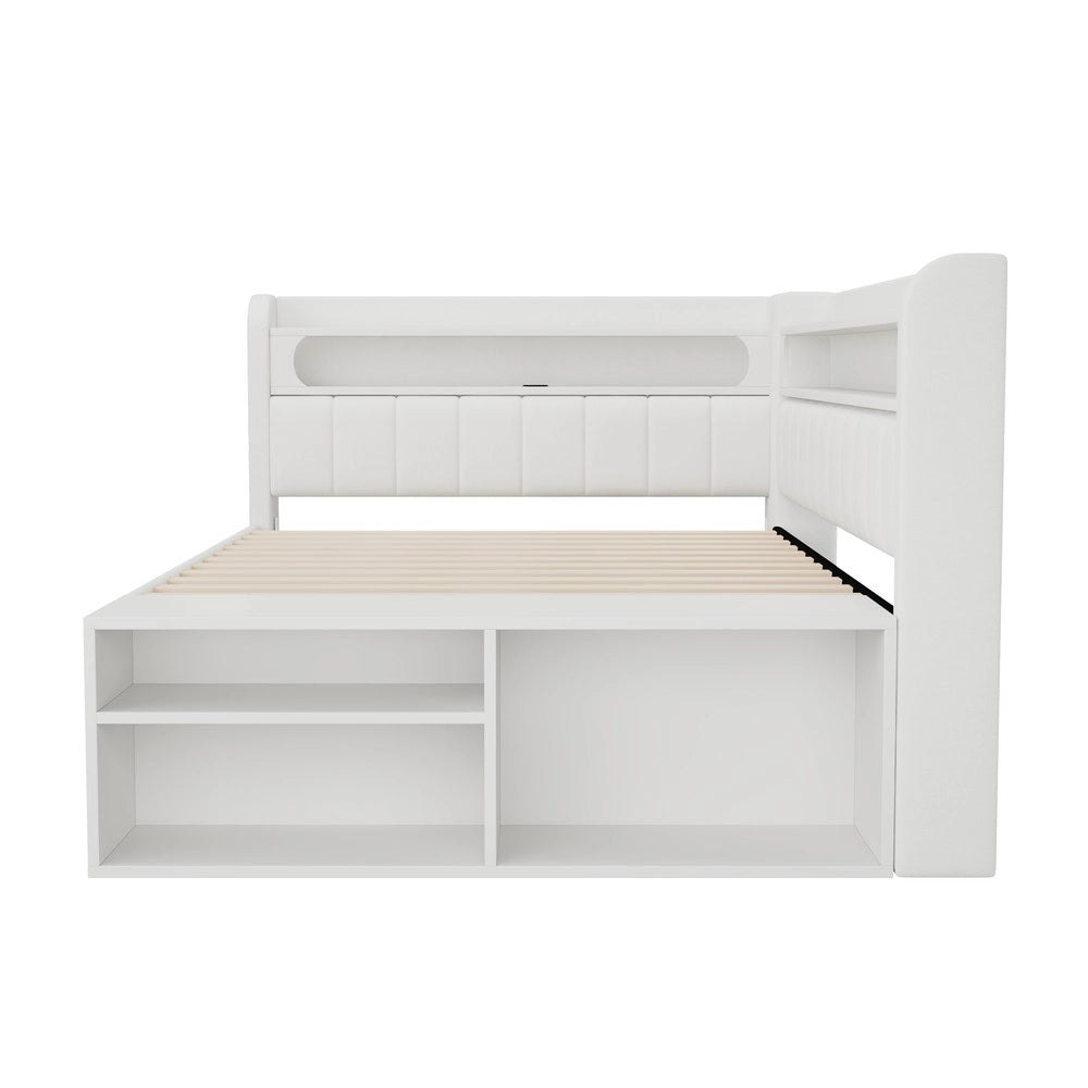 Letto Singolo Imbottito con Contenitore, USB, LED e Scarpiera ¨C Xylo ¨C Bianco 90x200