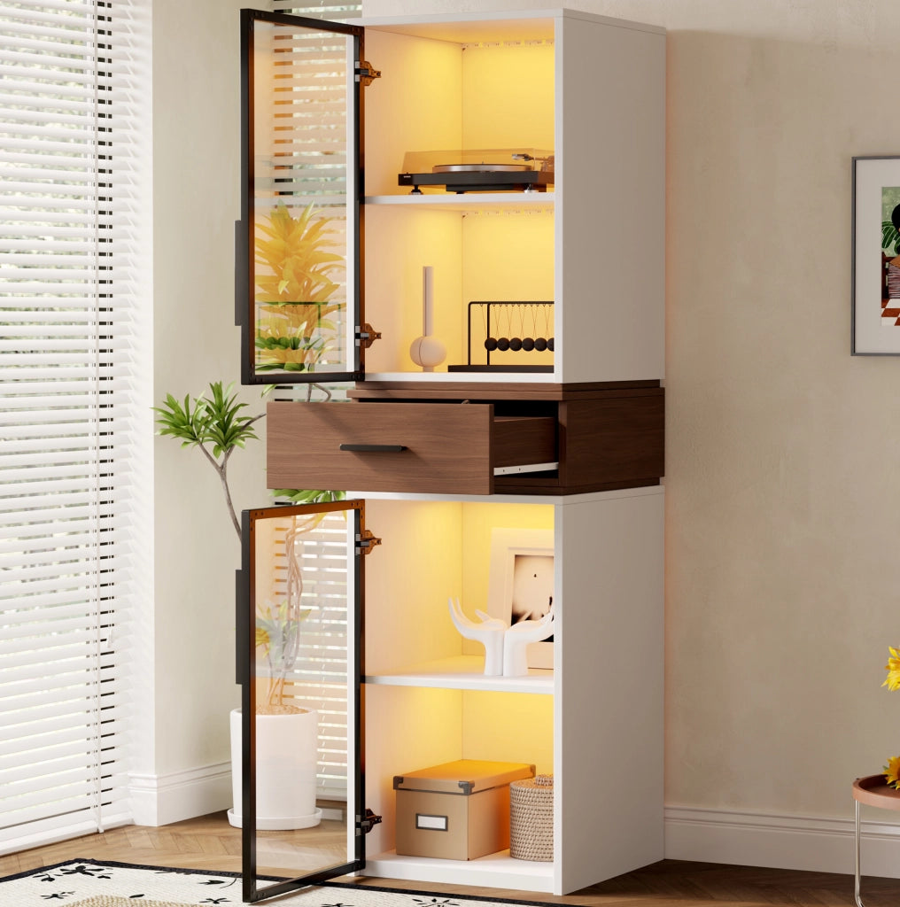 Vetrina 40x40x200 cm con LED multicolore e 2 ante in vetro MDF bianco