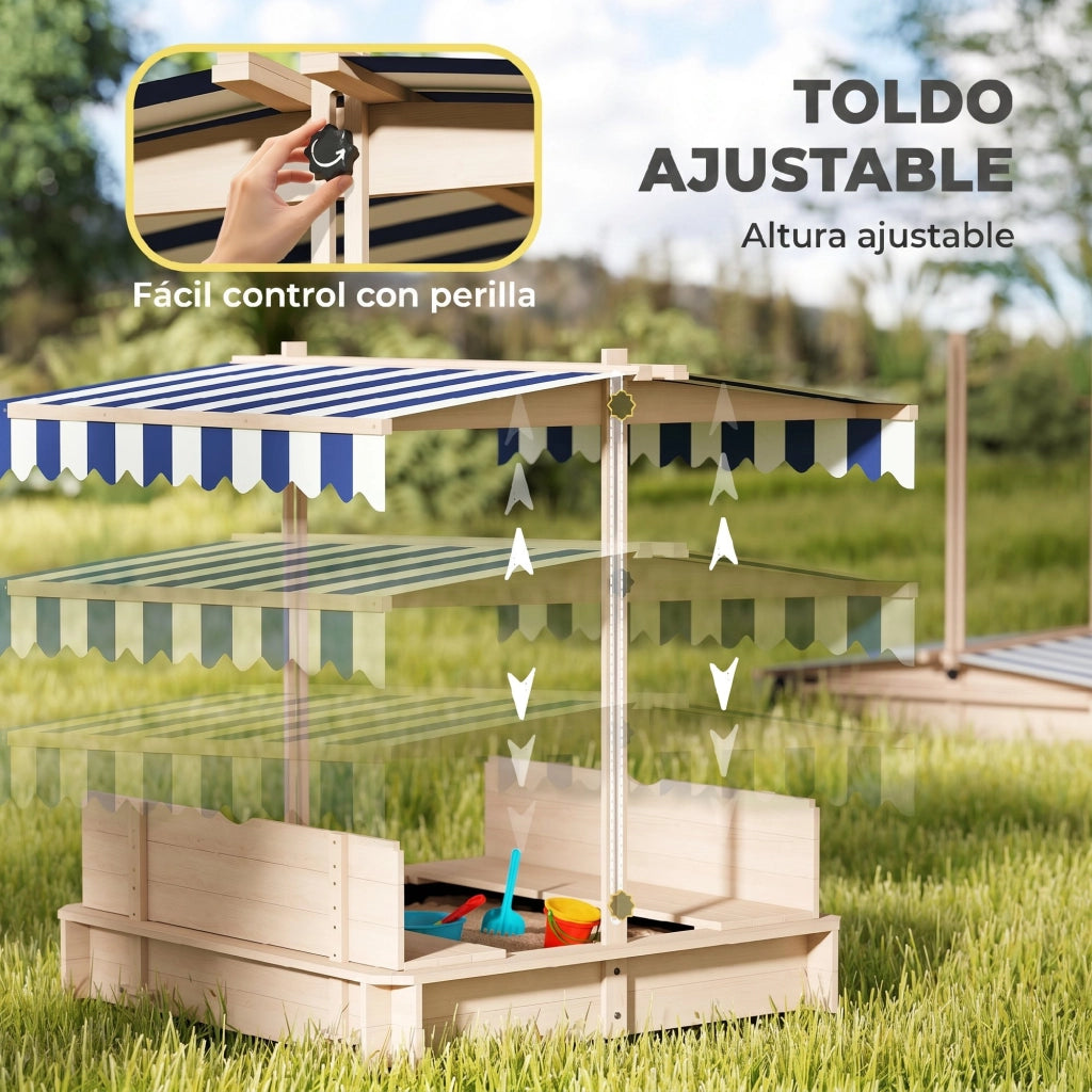 Arenero per Bambini con Tettoia Regolabile e Panche ¨C Zephmum ¨C 106x106x115 cm Legno Naturale