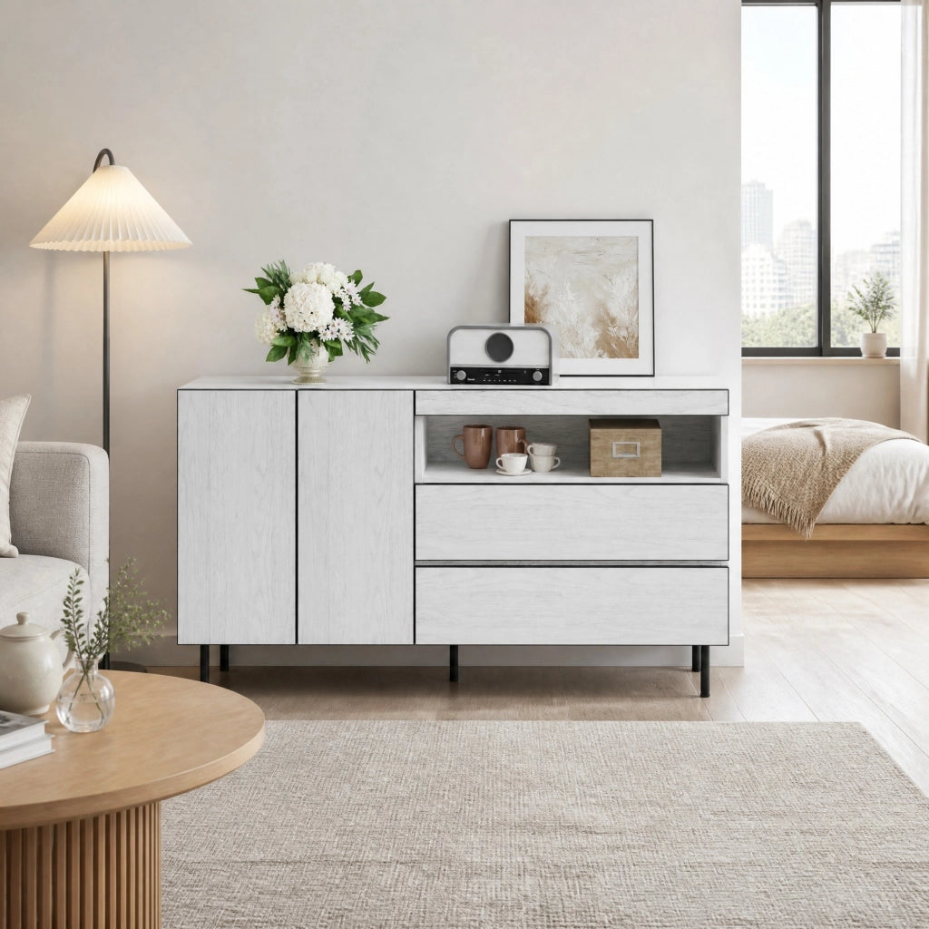 SIDEBOARD con 2 ante, 2 cassetti e ripiani aperti 140x42x77 cm bianco