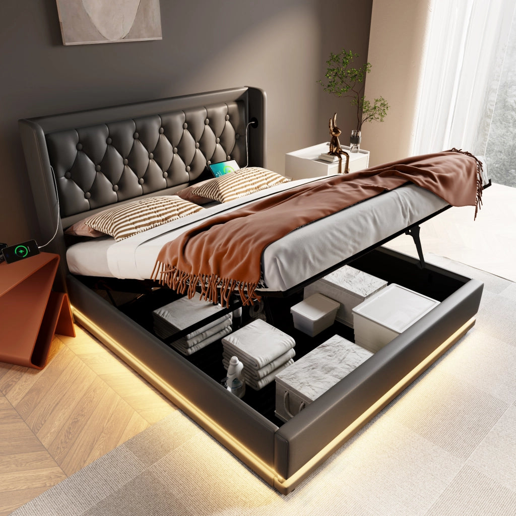 LETTO contenitore 160x200 cm in PU nero con USB Type-C e LED