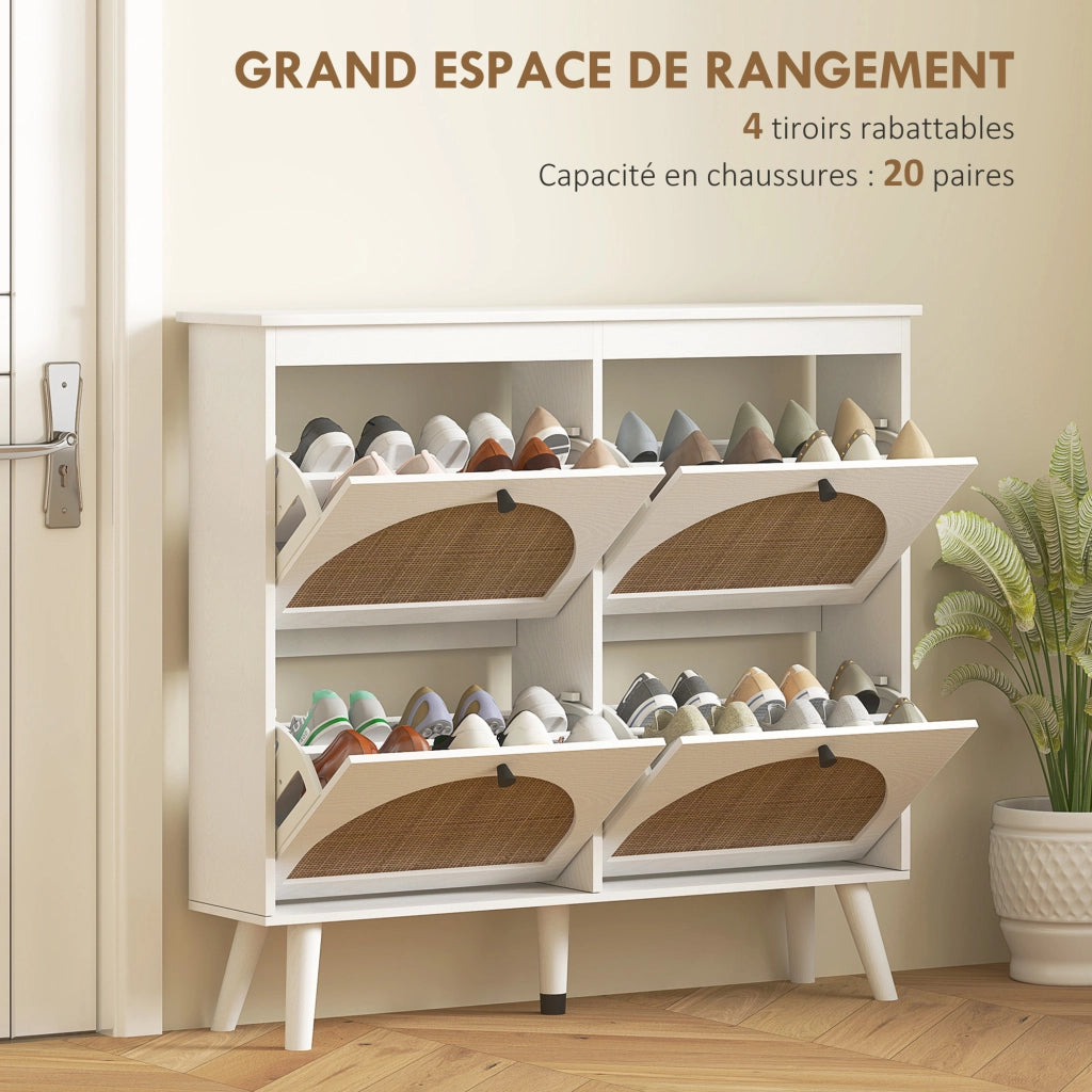 Scarpiera 4 ante 20 paia ripiani regolabile stile bohemien legno massello 105x24x97.5 cm bianco ¨C Minimal