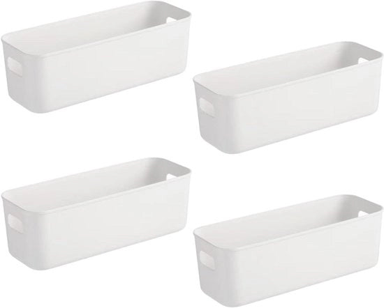 Set di 4 scatole di plastica bianche per magazzino 28 x 9 x 10 cm - Scatole di magazzino strette per bagno e cucina