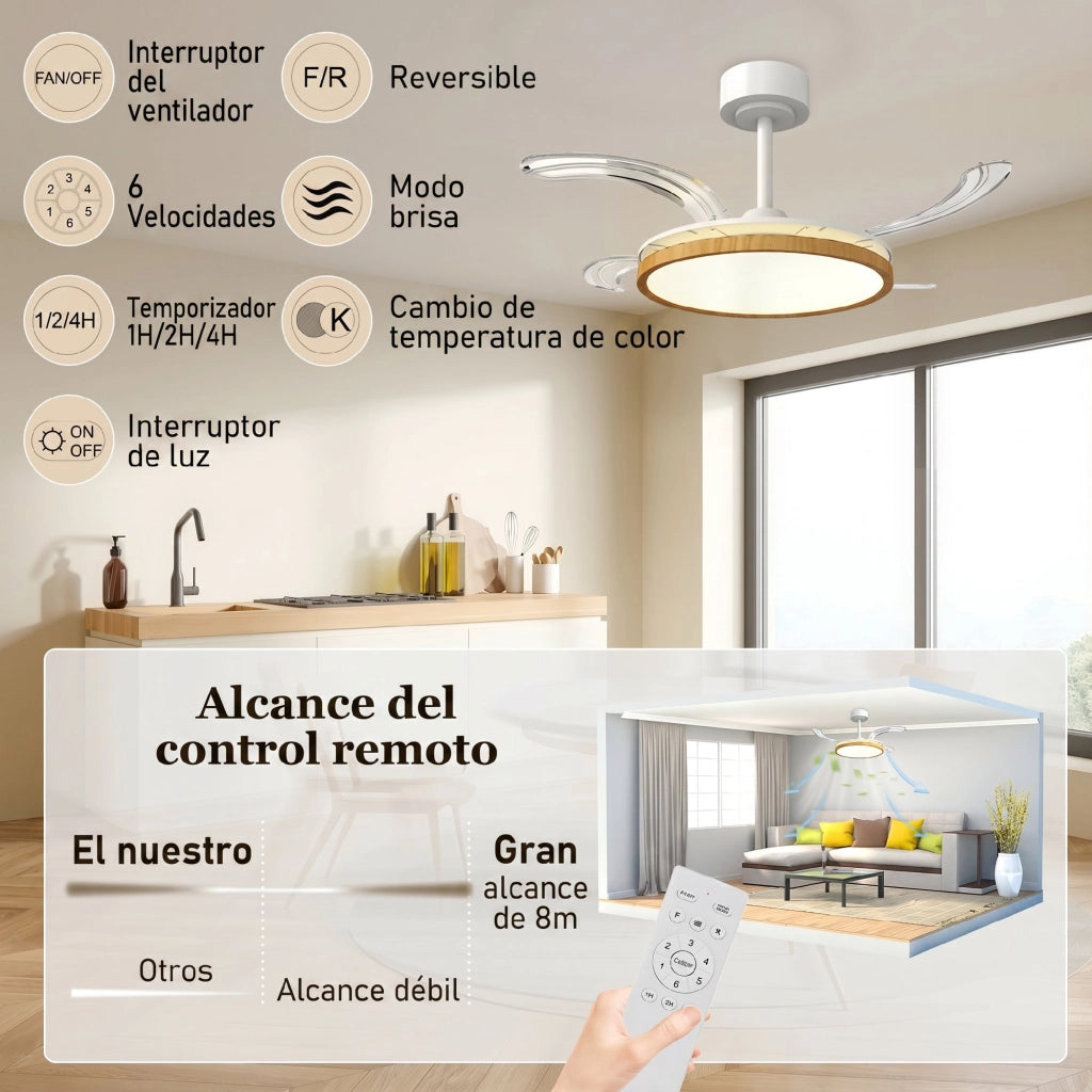 Ventilatore a Soffitto con Luce LED 80W DC Reversibile Telecomando 6 Velocit¨¤ Timer ?95 cm ¨C zephmum ¨C Naturale