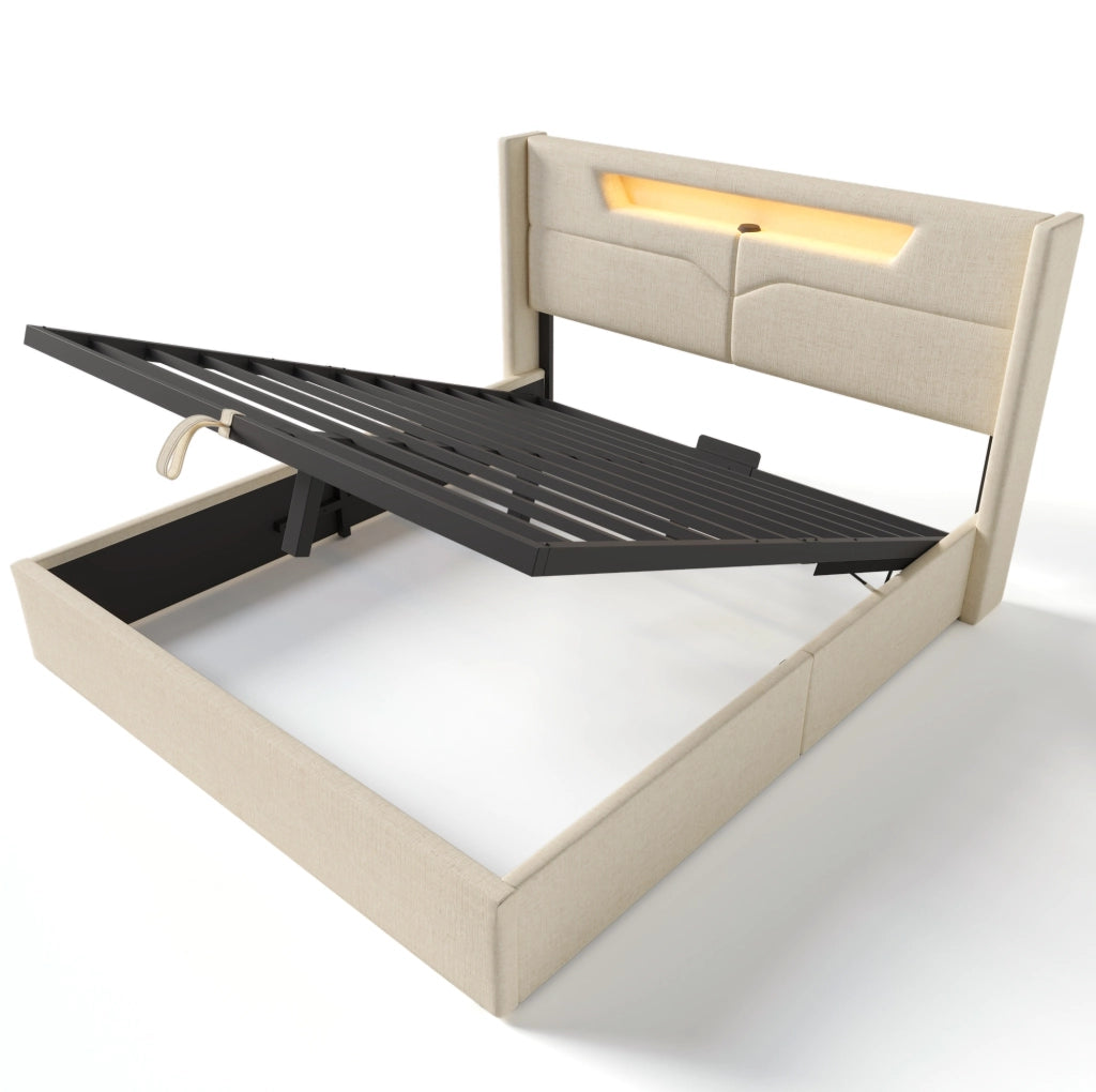 Letto matrimoniale imbottito 140x200 cm in lino beige con LED; USB e Type-C