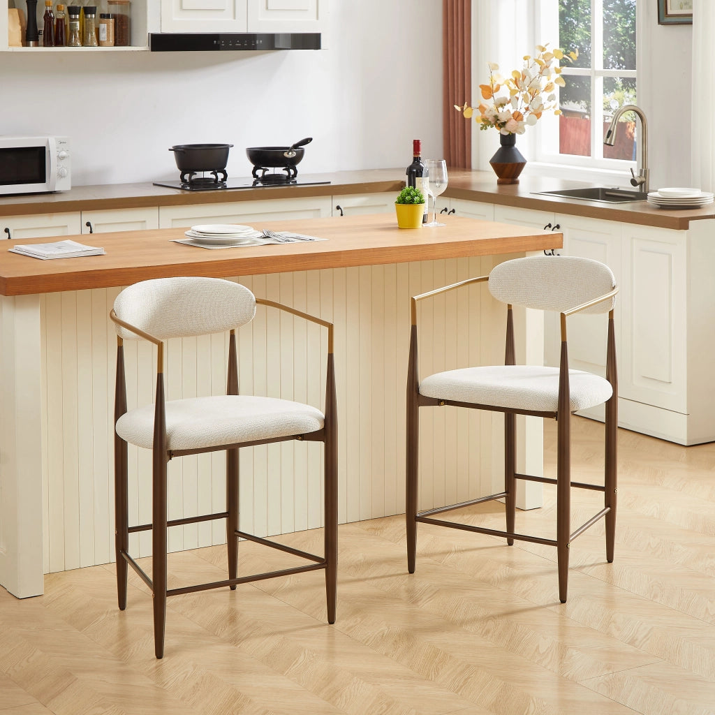 Sgabello da Bar Set da 2 con Braccioli e Piedini Regolabili, Stile Country Francese, in Tessuto Beige