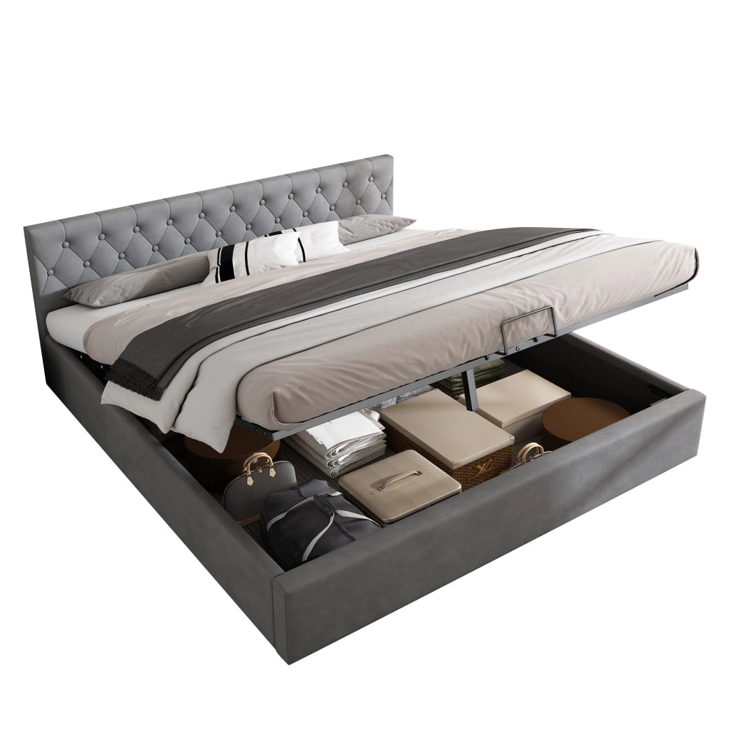 Letto matrimoniale imbottito in velluto grigio 180x200 cm con testiera trapuntata, rete a doghe e contenitore idraulico