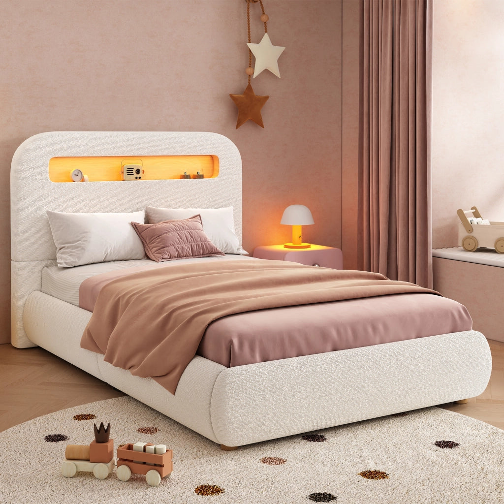 DESMIU Letto bambino 90 × 200 cm con contenitore idraulico, LED, senza materasso, in bouclé bianco
