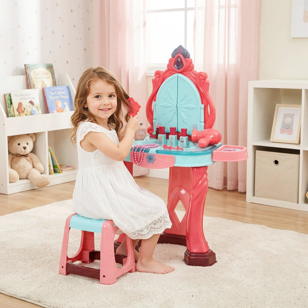 Toeletta Bambini con Sgabello Specchio LED ¨C Xylo ¨C Rosa Multicolore 57x34x76