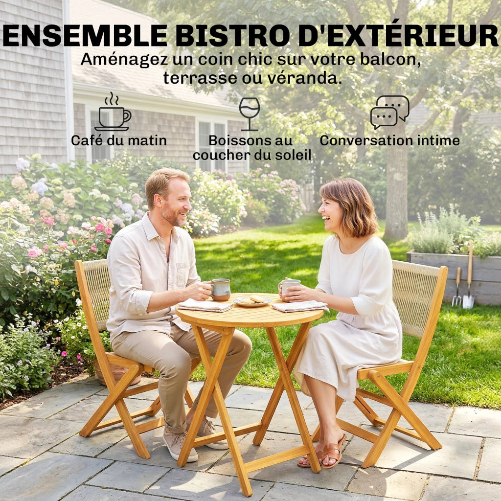 Tavolo da pranzo rotondo allungabile con sedie pieghevoli ¨C zephmum ¨C legno acacia, corda PP, naturale