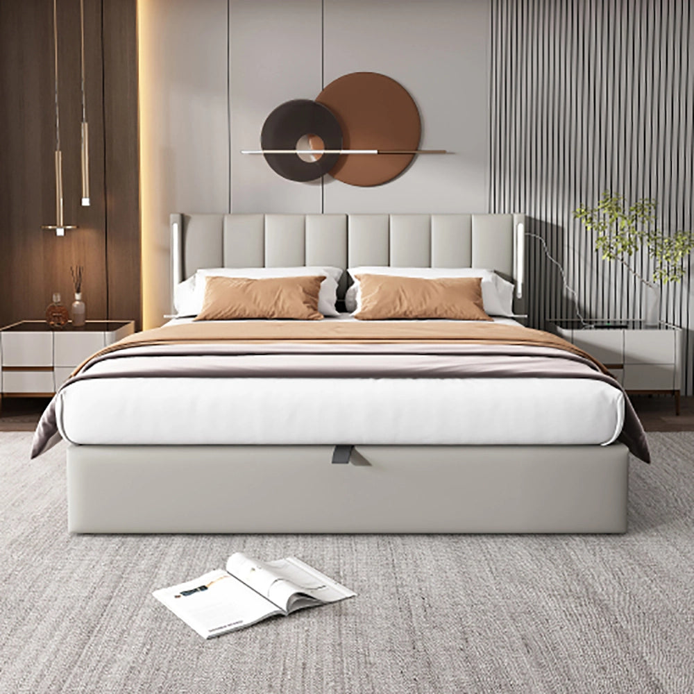 Letto imbottito LED con testiera regolabile - Xylo - 160x200 cm - Grigio - Alimentazione USB e idraulico