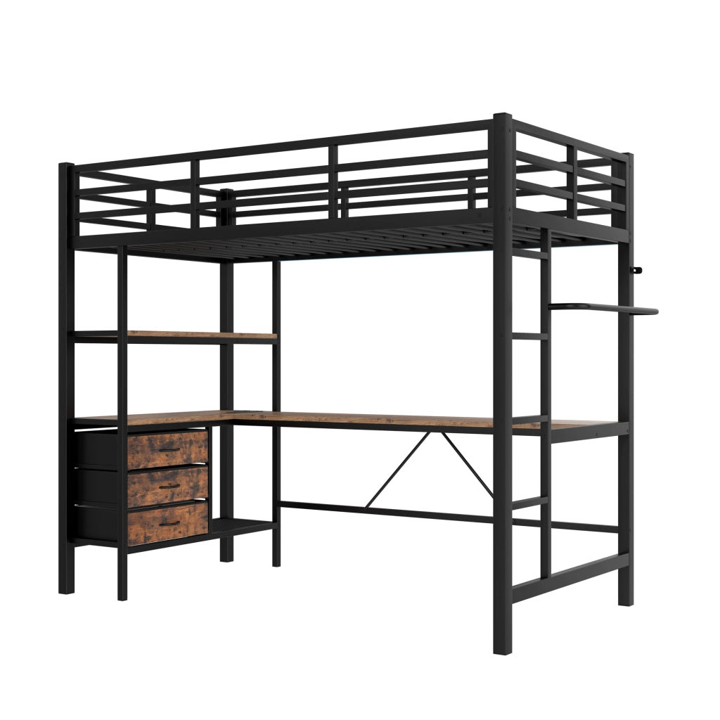 Letto a soppalco 90 × 200 cm con LED; scrivania; presa e USB; 3 cassetti; barriera e scala; senza materasso; nero