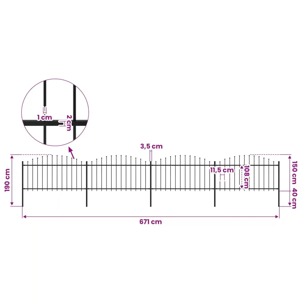 Recinzione da Giardino con Punta a Lancia in Acciaio 671x150 cm Nero 277733