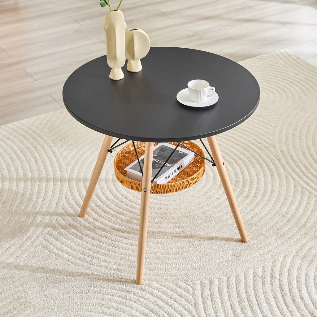 TAVOLO rotondo Ø 80 cm in MDF nero e legno massello con cestello sospeso