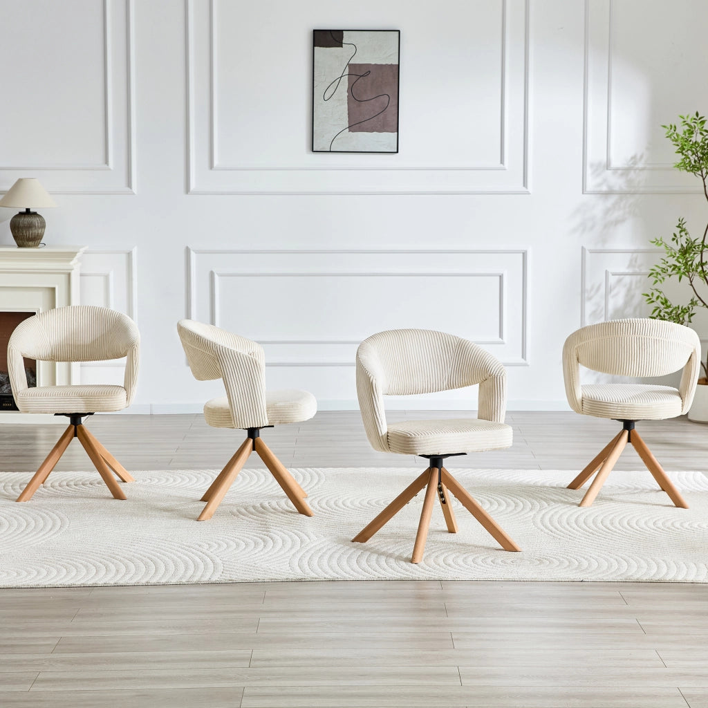 Set 2 Sedie Girevoli Retro ¨C MINIMAL ¨C Velluto a Coste Crema, Gambe in Legno Massello, Schienale Curvo