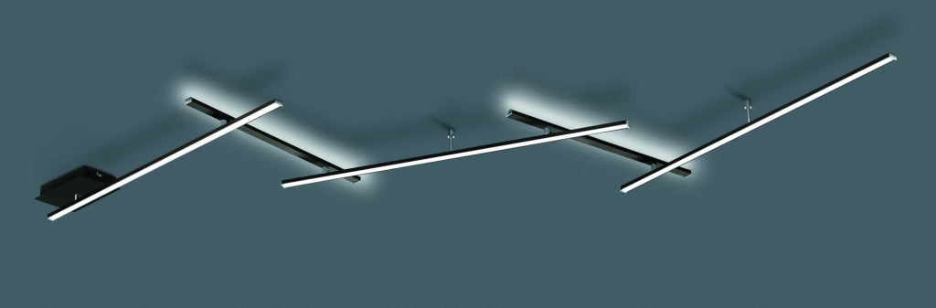 INDIRA PLAFONIERA-APPLIQUE ANCHE RETRO-ILLUMINATA CON 5 BACCHETTE ORIENTABILI NERE L. 245CM LED 25W 3000lm, 3000K DIMMERABILE