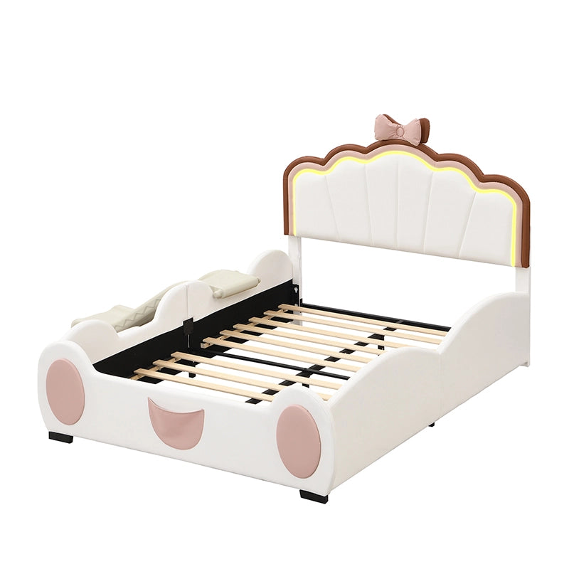 Letto per bambini 140x200 cm a farfalla con LED multicolore, scivolo e scale, rosa e bianco
