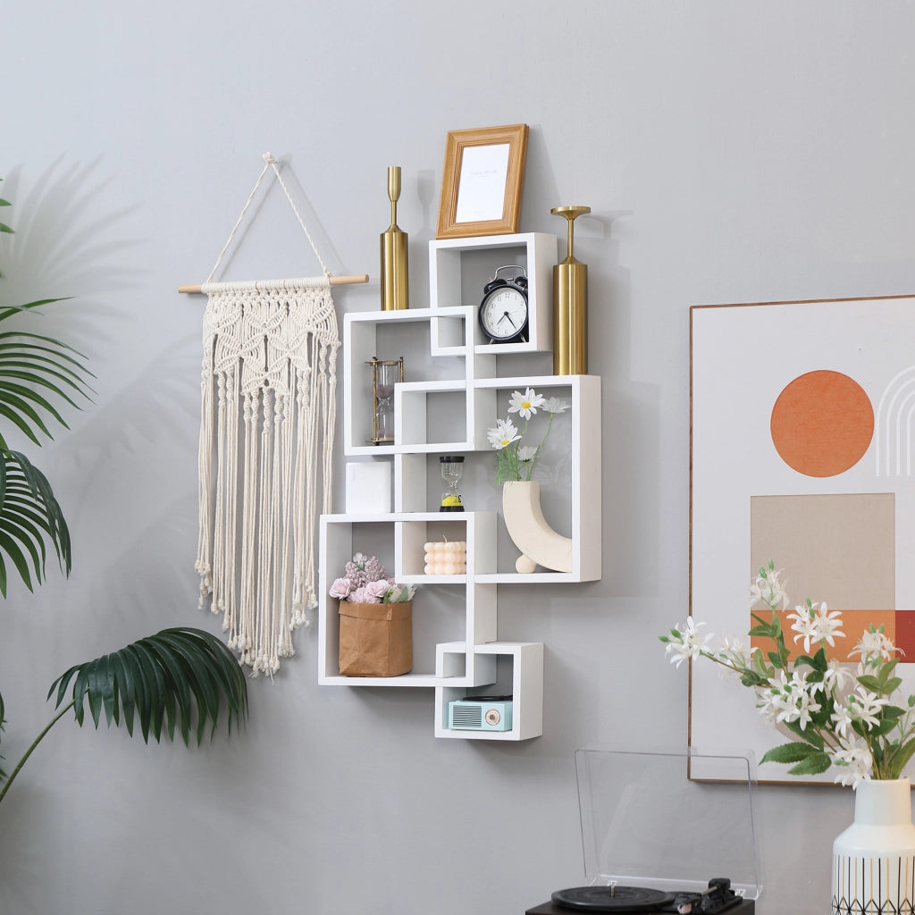 Libreria Moderna Sospesa con 5 Cubi Intrecciati ¨C Zephmum ¨C Bianco Legno 49.5x10.2x86cm