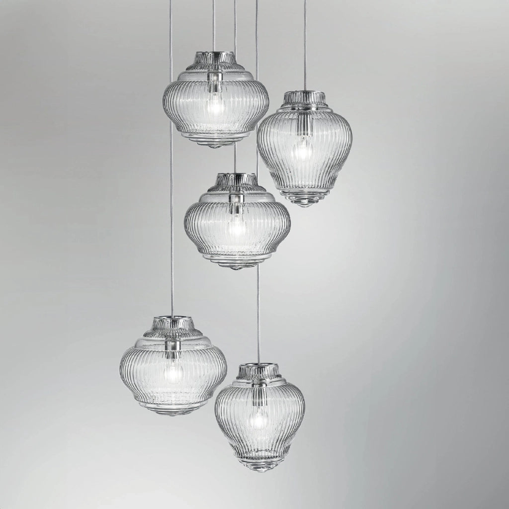 Bonnie Lampada a sospensione in vetro soffiato trasparente lavorazione rigadin, struttura metallo grigio, altezza 313 cm, attacco E27, ideale indoor