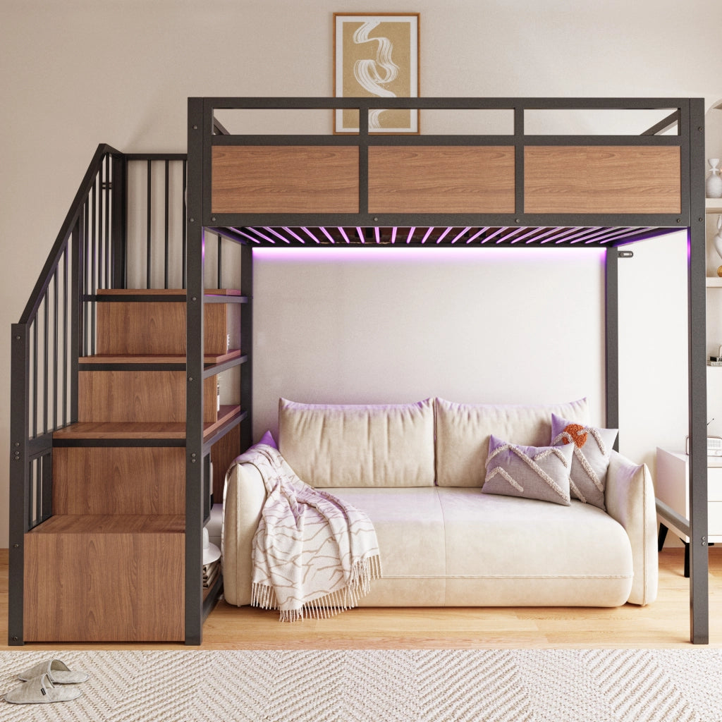 Letto a soppalco 90 × 200 cm con scala contenitore reversibile, led, senza materasso, in metallo e legno, nero